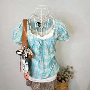 Gorgeous vintage y2k blue plaid fitted babydoll top